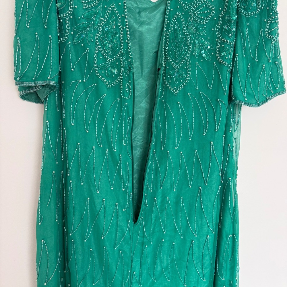 Vintage Mark & John by Gopal Women's 100%‎ Pure Silk Maxi Beaded Green Dress 2X - Picture 12 of 16